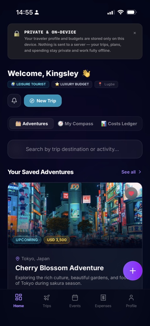 Journeywise home screen with your saved adventures