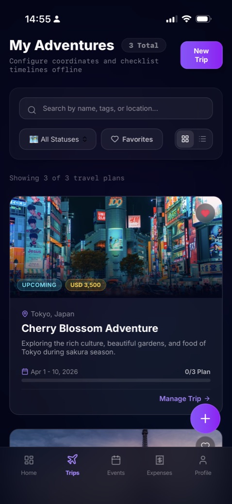My Adventures — the trip list with budgets and dates